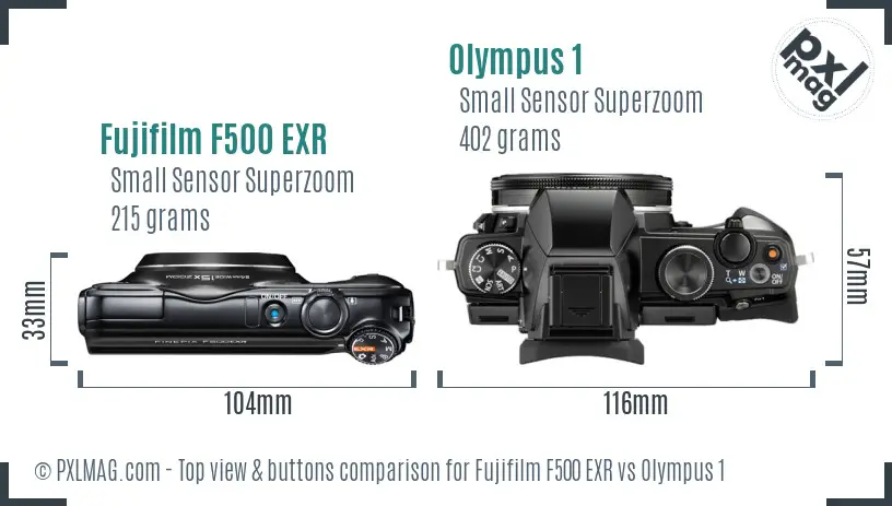 Fujifilm F500 EXR vs Olympus 1 top view buttons comparison Fujifilm F500 EXR vs Olympus 1 top view buttons comparison