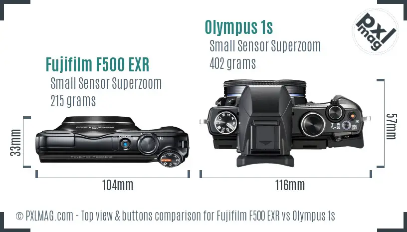 Fujifilm F500 EXR vs Olympus 1s top view buttons comparison