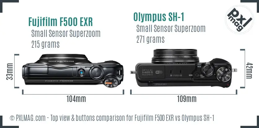 Fujifilm F500 EXR vs Olympus SH-1 top view buttons comparison