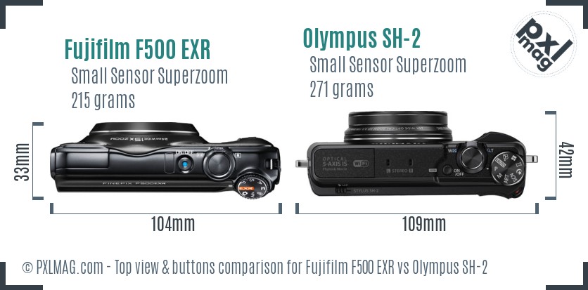 Fujifilm F500 EXR vs Olympus SH-2 top view buttons comparison