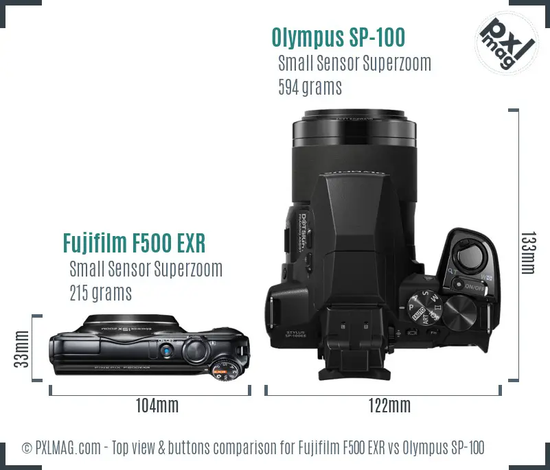 Fujifilm F500 EXR vs Olympus SP-100 top view buttons comparison