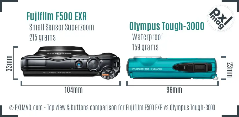 Fujifilm F500 EXR vs Olympus Tough-3000 top view buttons comparison