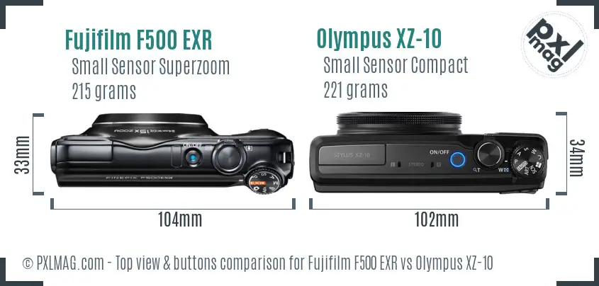 Fujifilm F500 EXR vs Olympus XZ-10 top view buttons comparison