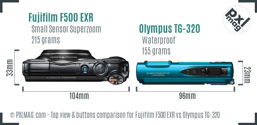 Fujifilm F500 EXR vs Olympus TG-320 top view buttons comparison