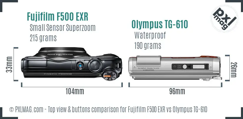 Fujifilm F500 EXR vs Olympus TG-610 top view buttons comparison