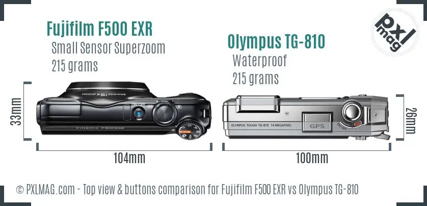 Fujifilm F500 EXR vs Olympus TG-810 top view buttons comparison