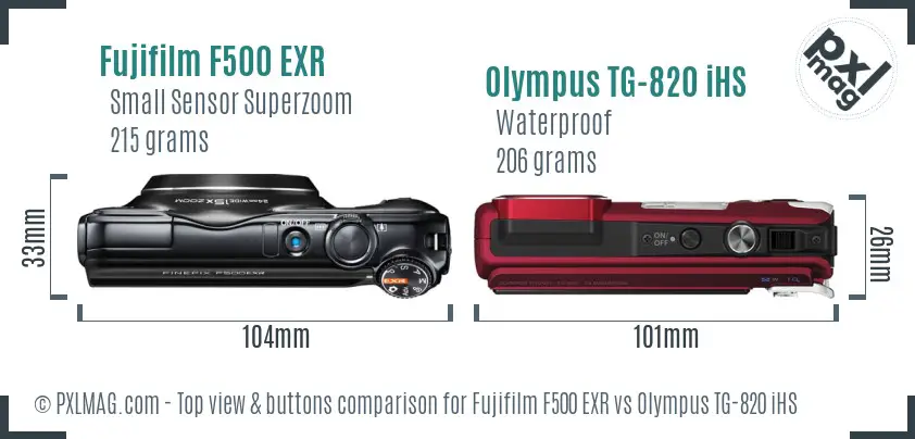 Fujifilm F500 EXR vs Olympus TG-820 iHS top view buttons comparison