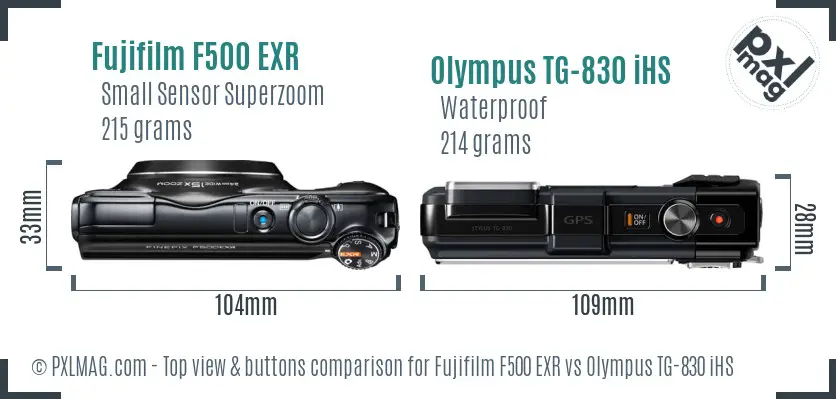 Fujifilm F500 EXR vs Olympus TG-830 iHS top view buttons comparison