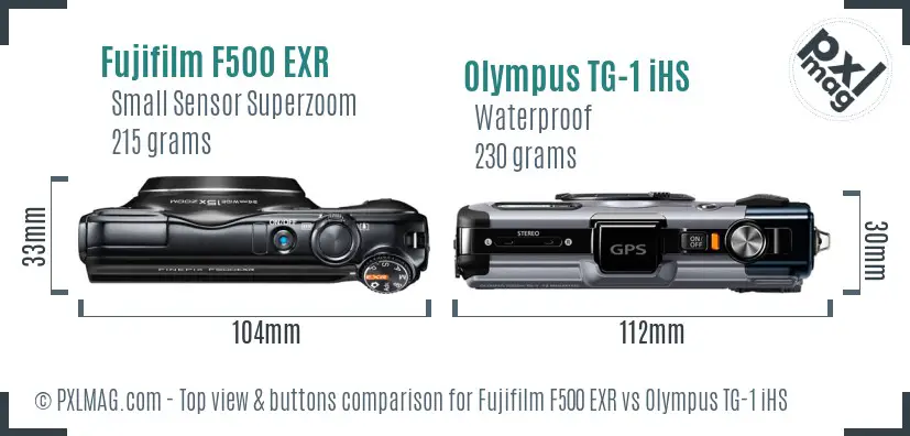 Fujifilm F500 EXR vs Olympus TG-1 iHS top view buttons comparison Fujifilm F500 EXR vs Olympus TG-1 iHS top view buttons comparison