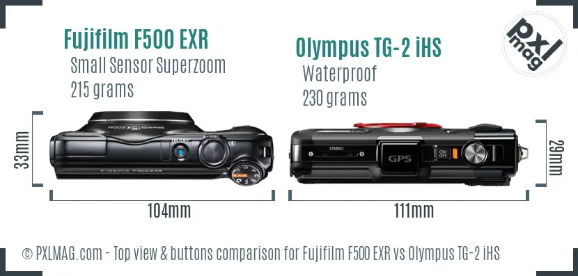 Fujifilm F500 EXR vs Olympus TG-2 iHS top view buttons comparison Fujifilm F500 EXR vs Olympus TG-2 iHS top view buttons comparison