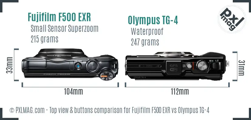 Fujifilm F500 EXR vs Olympus TG-4 top view buttons comparison