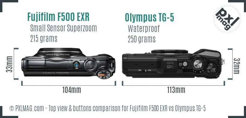 Fujifilm F500 EXR vs Olympus TG-5 top view buttons comparison