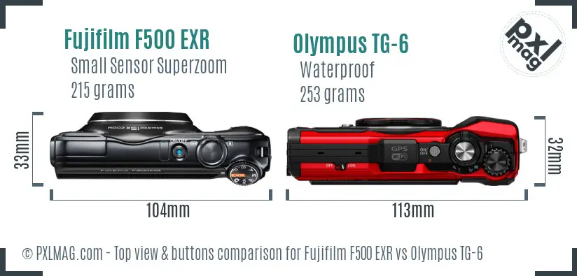 Fujifilm F500 EXR vs Olympus TG-6 top view buttons comparison