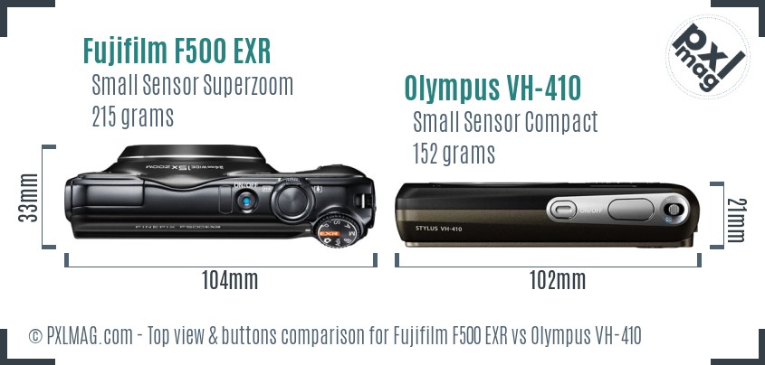 Fujifilm F500 EXR vs Olympus VH-410 top view buttons comparison