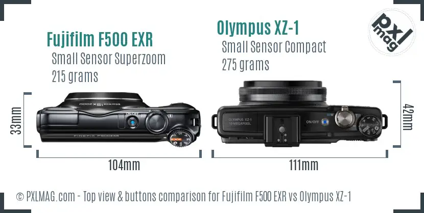 Fujifilm F500 EXR vs Olympus XZ-1 top view buttons comparison