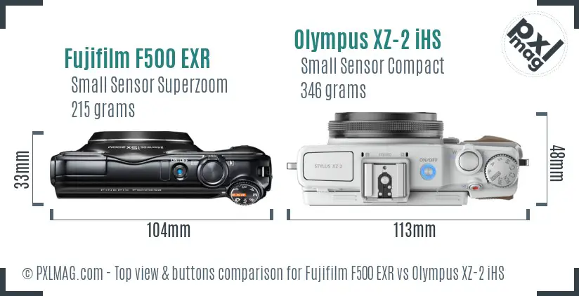 Fujifilm F500 EXR vs Olympus XZ-2 iHS top view buttons comparison