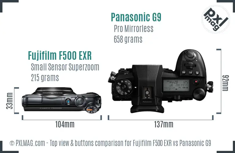 Fujifilm F500 EXR vs Panasonic G9 top view buttons comparison