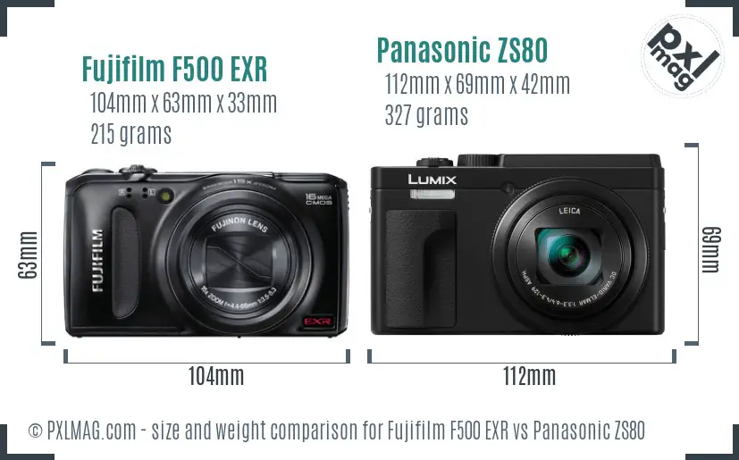 Fujifilm F500 EXR vs Panasonic ZS80 size comparison