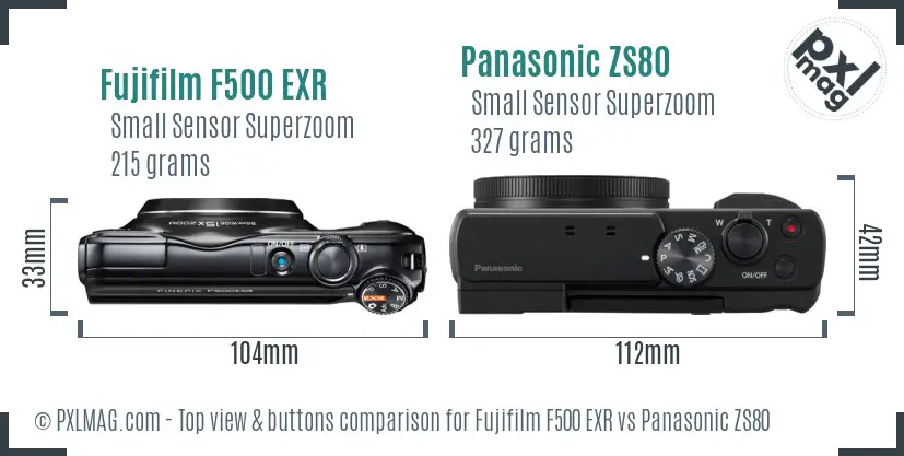 Fujifilm F500 EXR vs Panasonic ZS80 top view buttons comparison