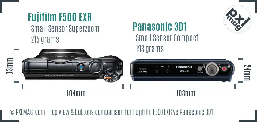 Fujifilm F500 EXR vs Panasonic 3D1 top view buttons comparison Fujifilm F500 EXR vs Panasonic 3D1 top view buttons comparison