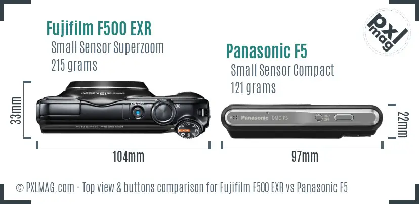 Fujifilm F500 EXR vs Panasonic F5 top view buttons comparison
