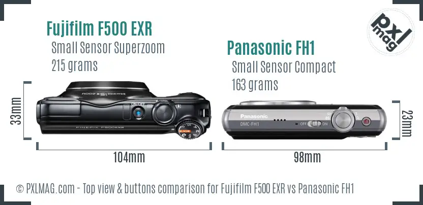Fujifilm F500 EXR vs Panasonic FH1 top view buttons comparison Fujifilm F500 EXR vs Panasonic FH1 top view buttons comparison