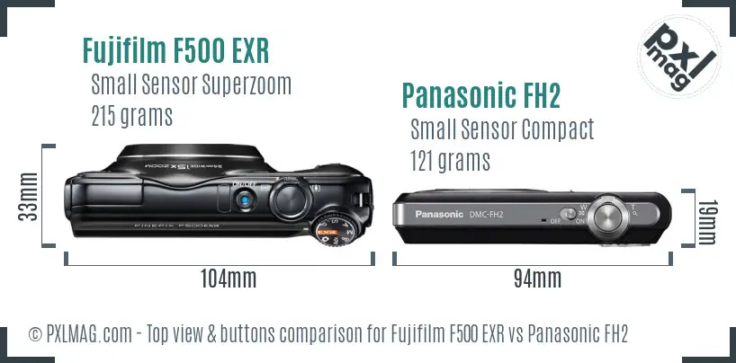 Fujifilm F500 EXR vs Panasonic FH2 top view buttons comparison