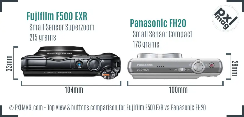 Fujifilm F500 EXR vs Panasonic FH20 top view buttons comparison