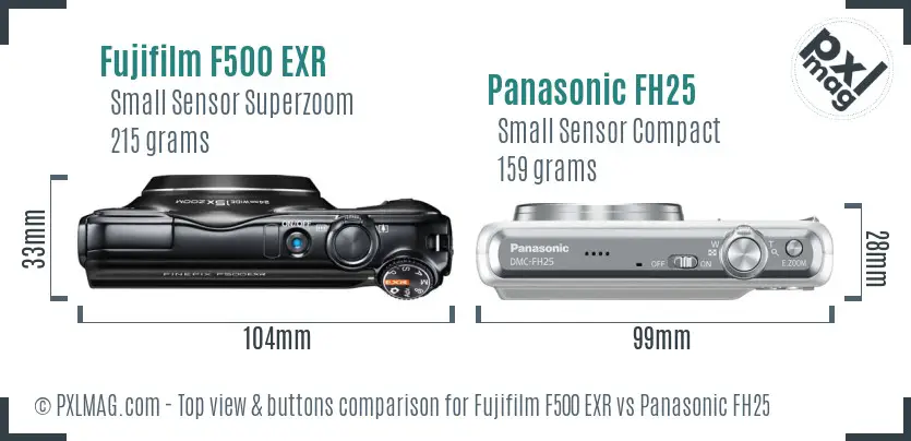 Fujifilm F500 EXR vs Panasonic FH25 top view buttons comparison Fujifilm F500 EXR vs Panasonic FH25 top view buttons comparison
