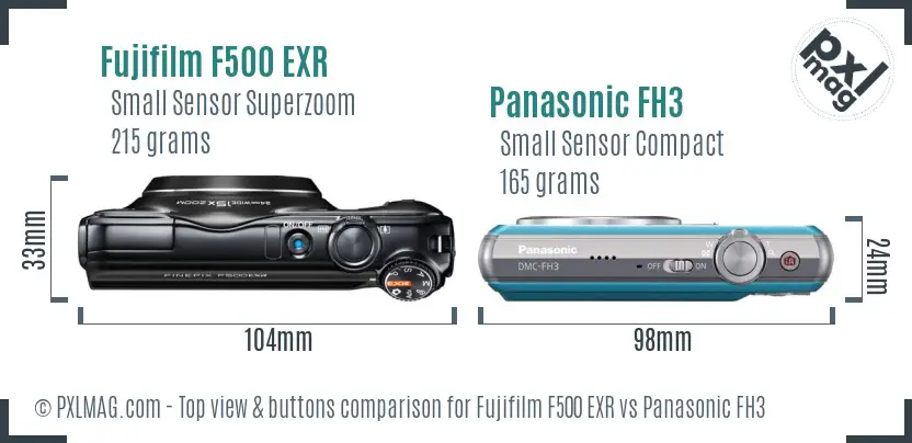 Fujifilm F500 EXR vs Panasonic FH3 top view buttons comparison