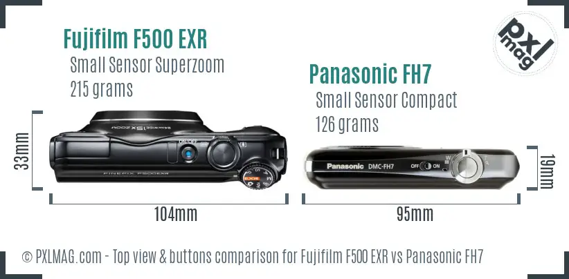Fujifilm F500 EXR vs Panasonic FH7 top view buttons comparison Fujifilm F500 EXR vs Panasonic FH7 top view buttons comparison