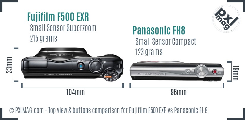 Fujifilm F500 EXR vs Panasonic FH8 top view buttons comparison