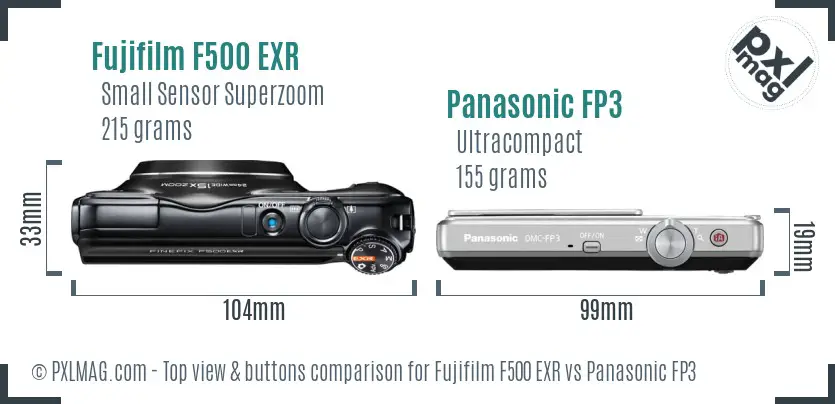 Fujifilm F500 EXR vs Panasonic FP3 top view buttons comparison