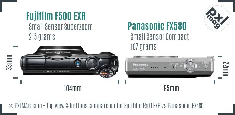 Fujifilm F500 EXR vs Panasonic FX580 top view buttons comparison