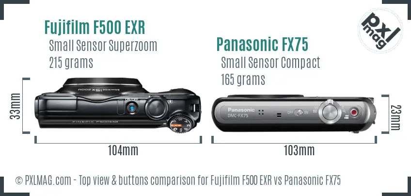 Fujifilm F500 EXR vs Panasonic FX75 top view buttons comparison Fujifilm F500 EXR vs Panasonic FX75 top view buttons comparison