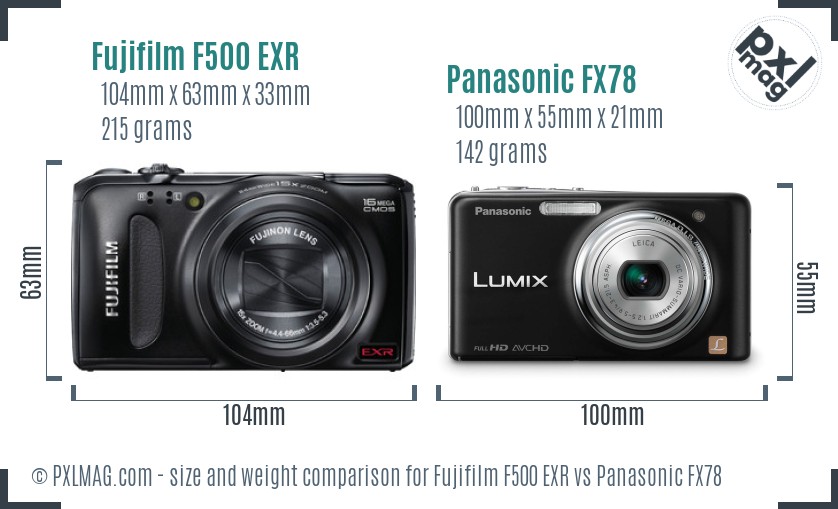 Fujifilm F500 EXR vs Panasonic FX78 size comparison