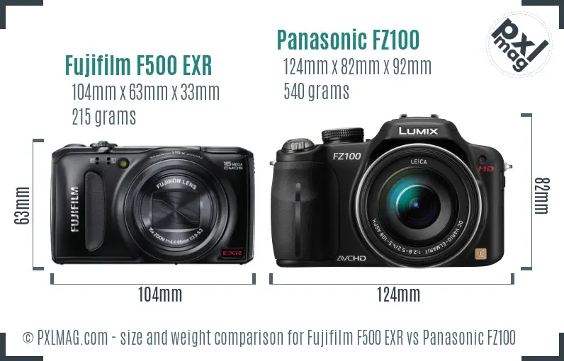 Fujifilm F500 EXR vs Panasonic FZ100 size comparison