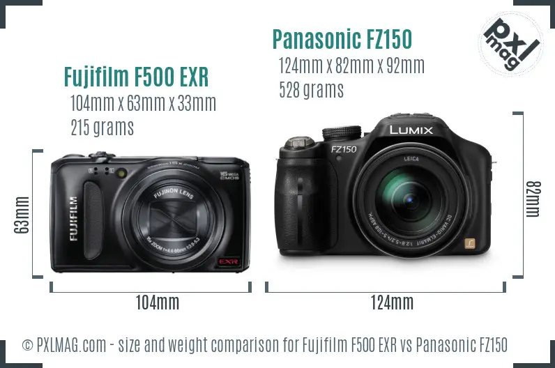 Fujifilm F500 EXR vs Panasonic FZ150 size comparison