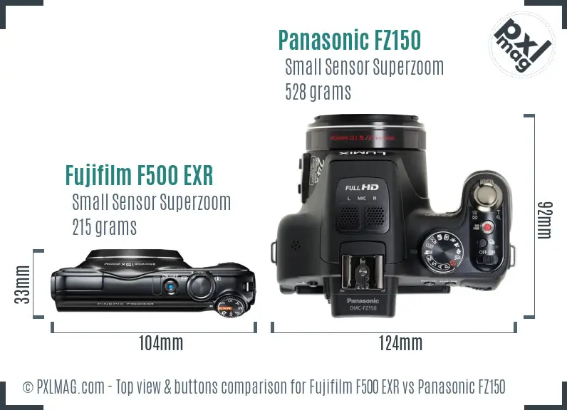 Fujifilm F500 EXR vs Panasonic FZ150 top view buttons comparison