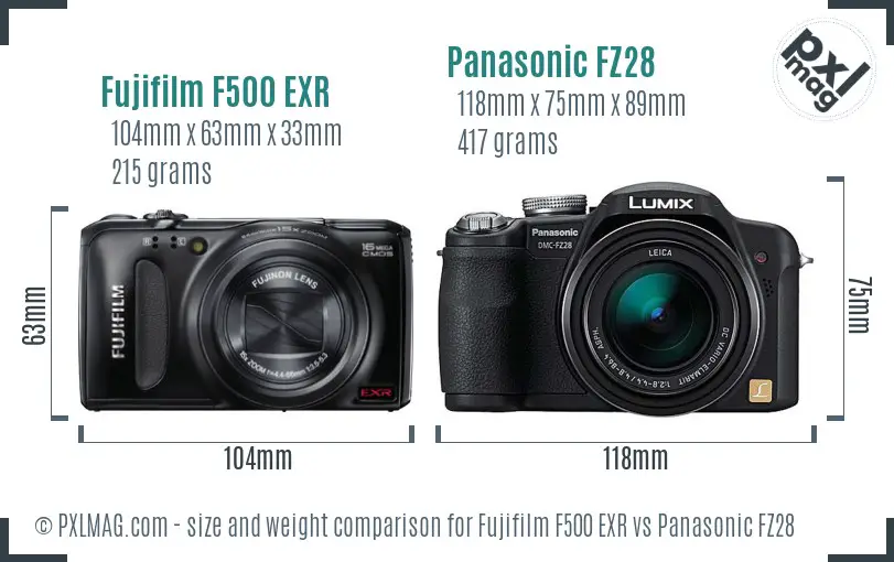 Fujifilm F500 EXR vs Panasonic FZ28 size comparison