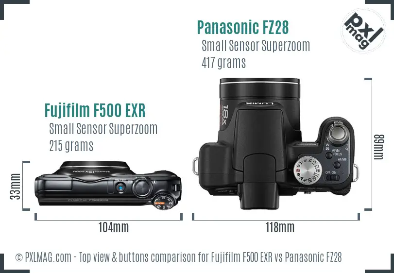 Fujifilm F500 EXR vs Panasonic FZ28 top view buttons comparison