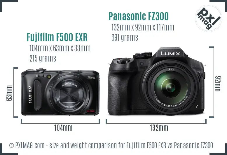 Fujifilm F500 EXR vs Panasonic FZ300 size comparison