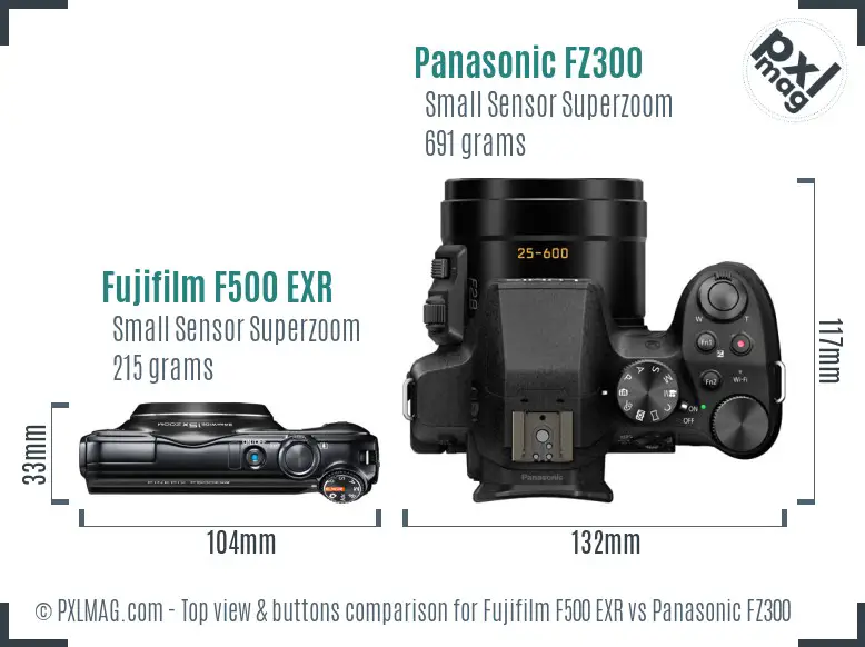 Fujifilm F500 EXR vs Panasonic FZ300 top view buttons comparison