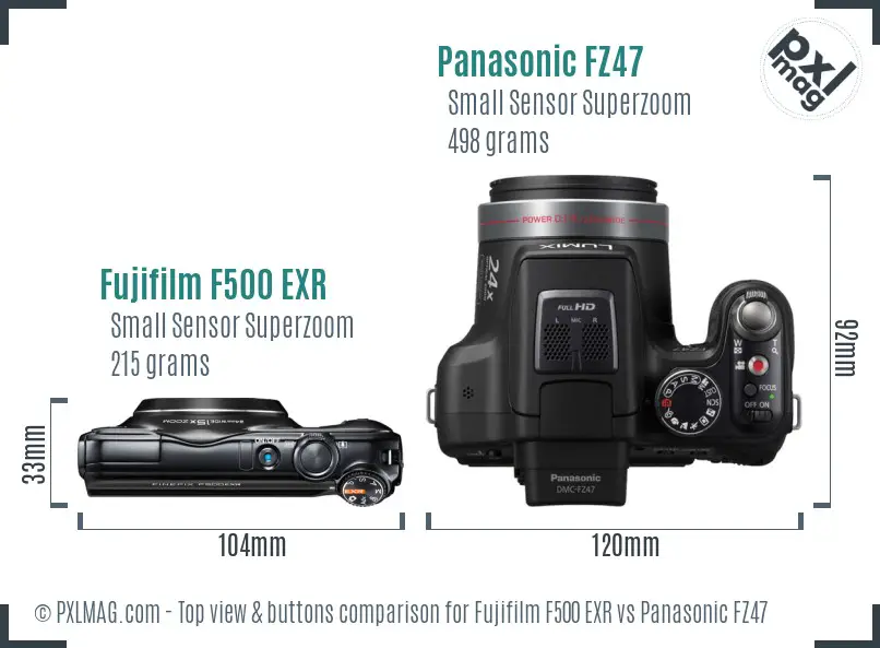 Fujifilm F500 EXR vs Panasonic FZ47 top view buttons comparison