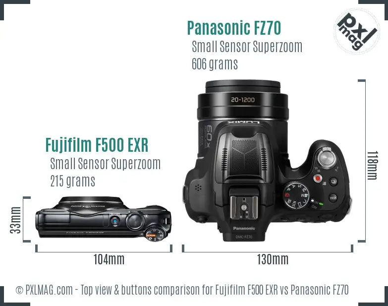 Fujifilm F500 EXR vs Panasonic FZ70 top view buttons comparison Fujifilm F500 EXR vs Panasonic FZ70 top view buttons comparison