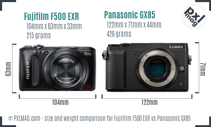 Fujifilm F500 EXR vs Panasonic GX85 size comparison