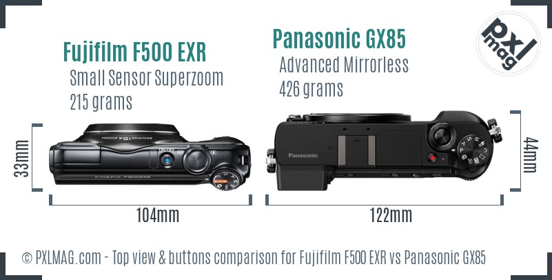 Fujifilm F500 EXR vs Panasonic GX85 top view buttons comparison