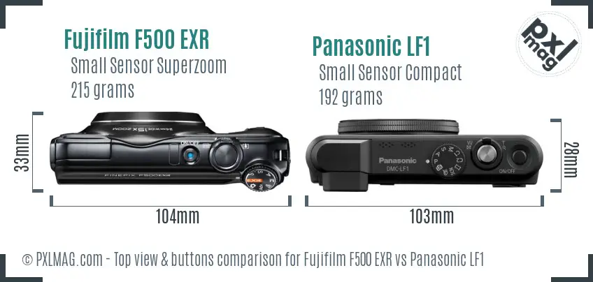 Fujifilm F500 EXR vs Panasonic LF1 top view buttons comparison Fujifilm F500 EXR vs Panasonic LF1 top view buttons comparison