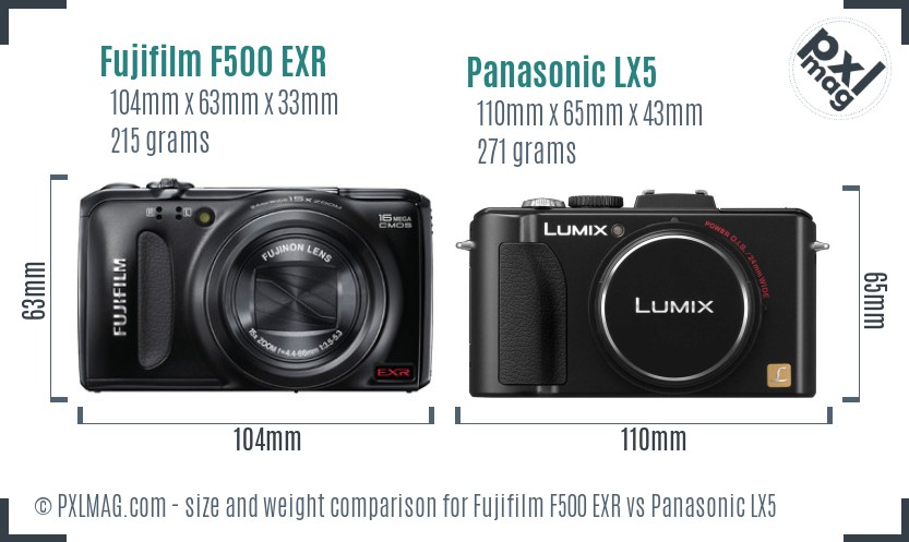 Fujifilm F500 EXR vs Panasonic LX5 size comparison
