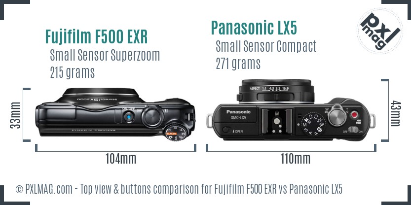 Fujifilm F500 EXR vs Panasonic LX5 top view buttons comparison